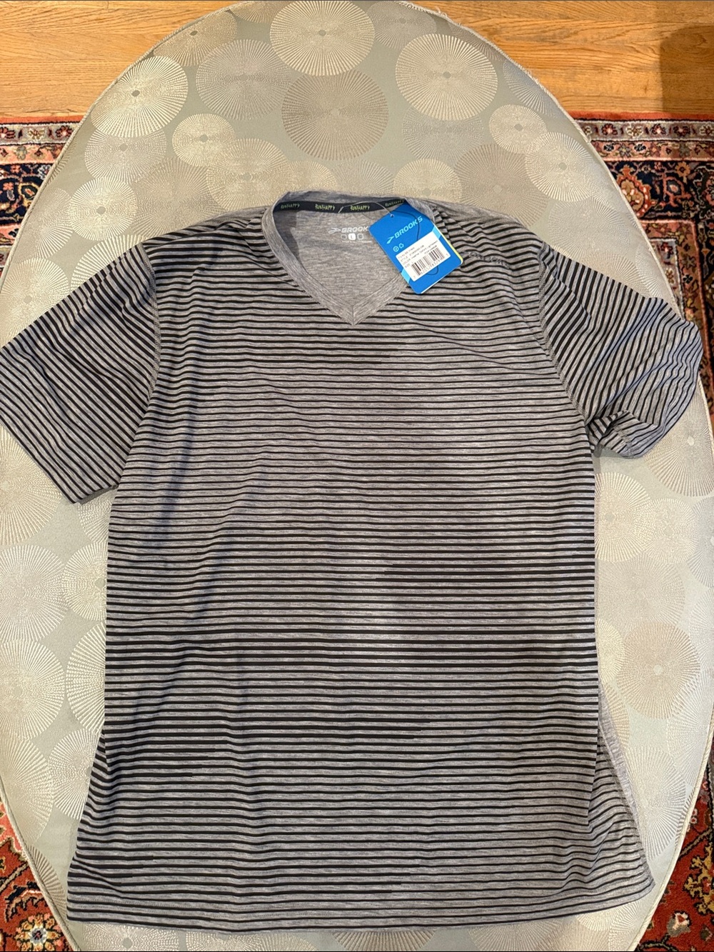 Brooks Striped V-Neck Tee in Gray and Black
